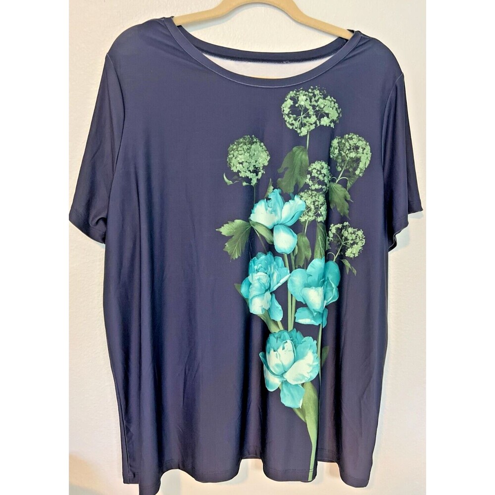 DG2 by Diane Gilman Women's Short-Sleeve Floral Printed Tee TShirt Navy 1X